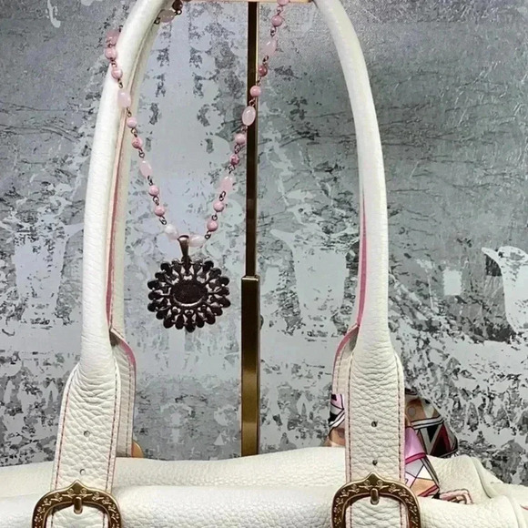 Dooney and Brourke Cream and Pink Pebbled Leather Bag Vintage Marchesa Satchel - Picture 7 of 16